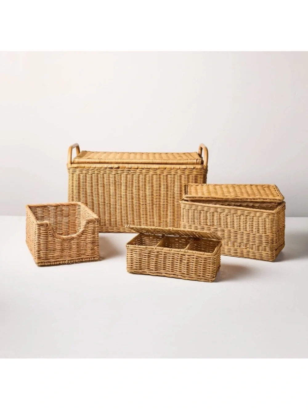 Hearth & Hand SMALL Rattan Storage Basket w/ Divided Compartments with Lid NEW